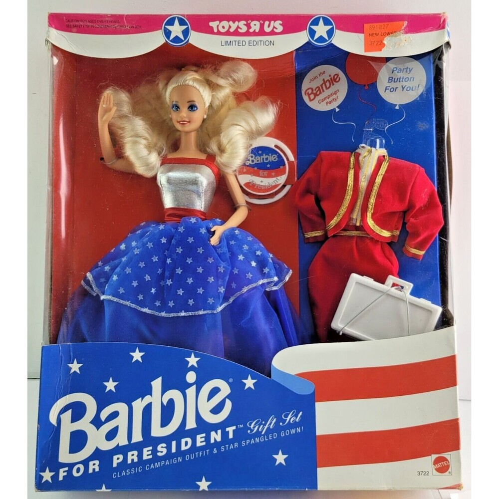 1991 MIB Barbie For President Toys R Us #3722 NRFB Blonde Doll Box